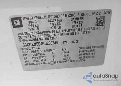 2016 Chevrolet Silverado 1500 Wt z USA, uszkodzony, nr VIN 3GCUKNEC4GG288249